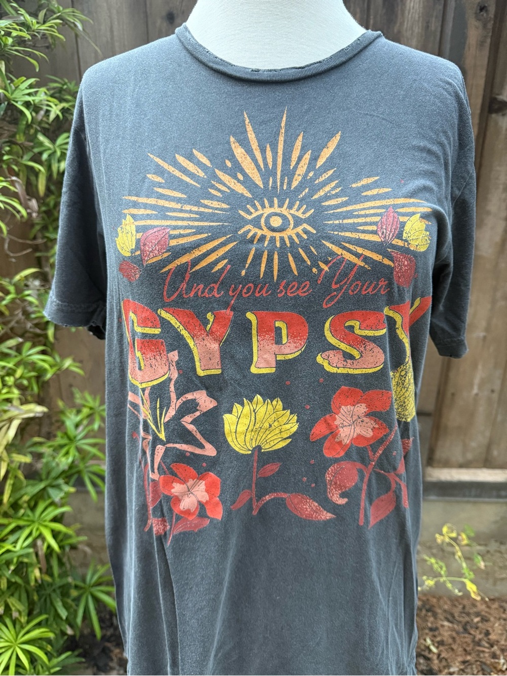 Midnight Rider Vintage Black Graphic Tee with Yellow & Red Floral Print